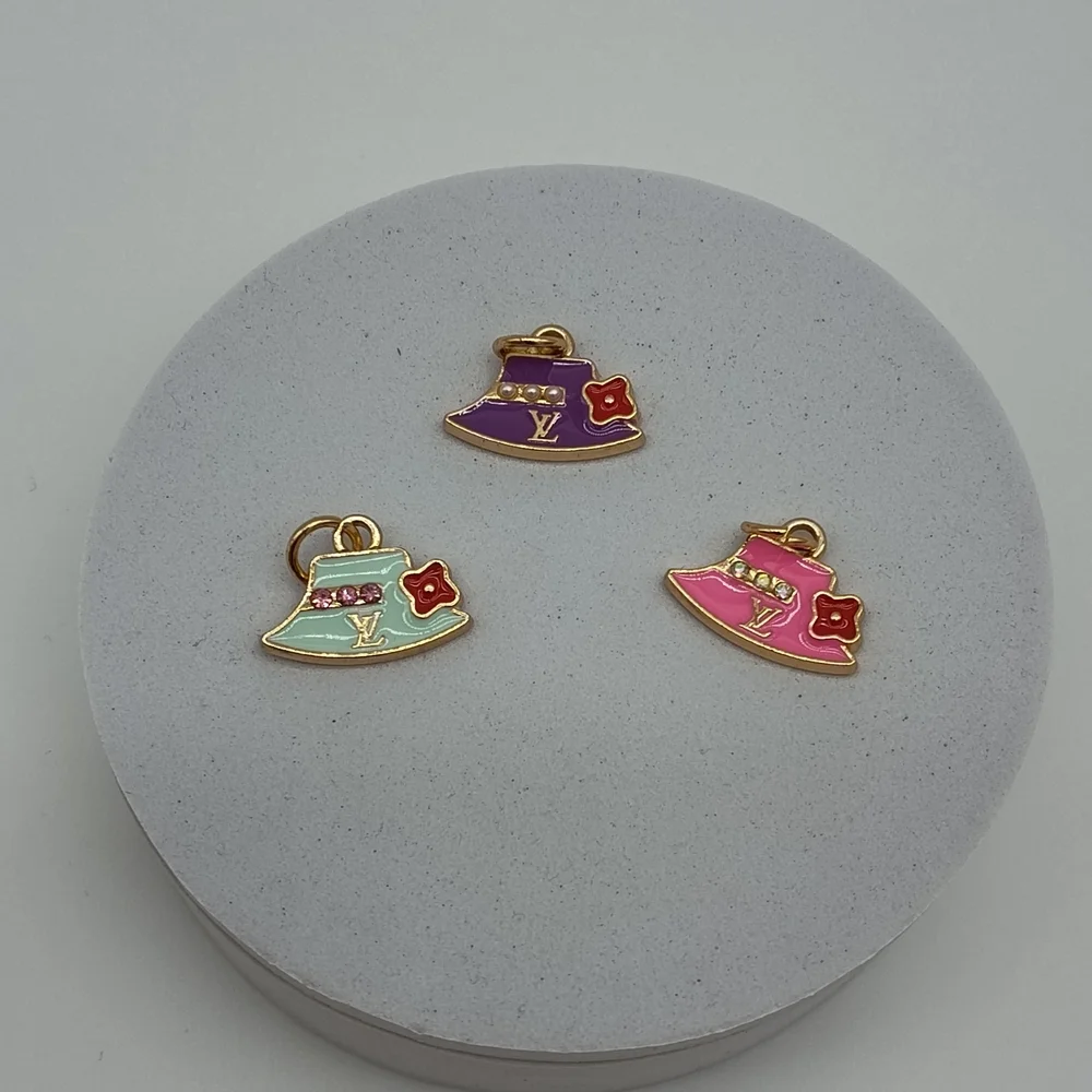LOUIS VUITTON LV Hat Charm Trio Pearl Rhinestone Gold Tone Set Purple Teal Pink